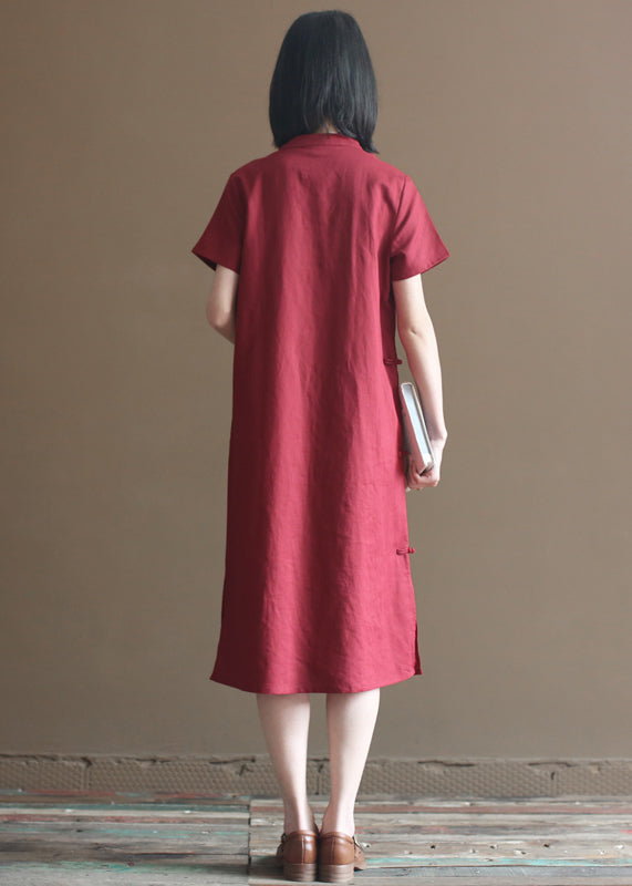 Women Mulberry Solid Mandarin Collar Oriental Button Side Open Cotton Linen Dresses Short Sleeve