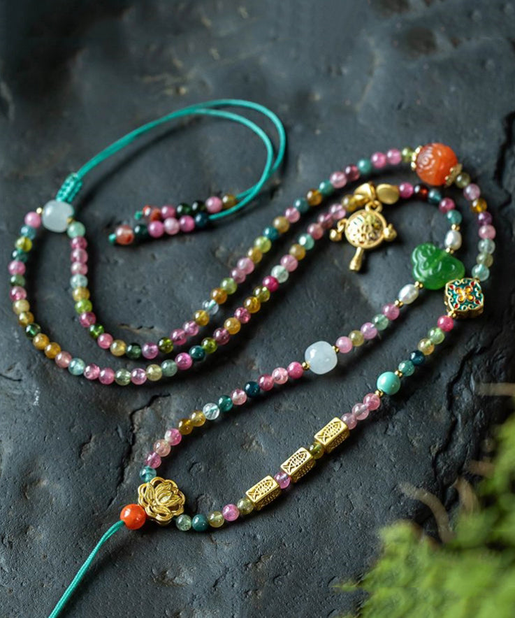 Women Multicolour Hand Woven Beading Jade Tassel Pendant Necklace