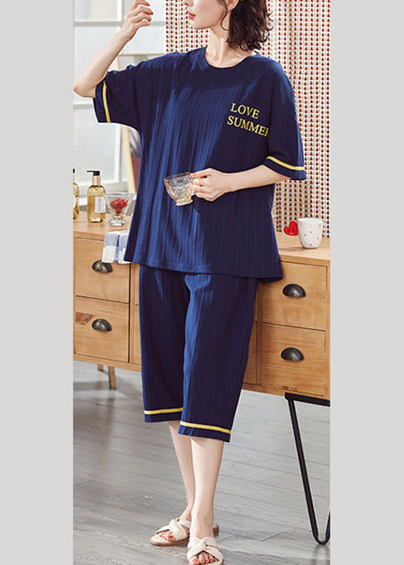 Women Navy Blue O-Neck Graphic Pajamas Two Pieces Set Short Sleeve