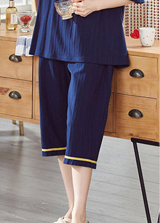Women Navy Blue O-Neck Graphic Pajamas Two Pieces Set Short Sleeve