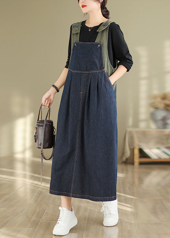 Women Navy Button Wrinkled Denim Long Dress Sleeveless