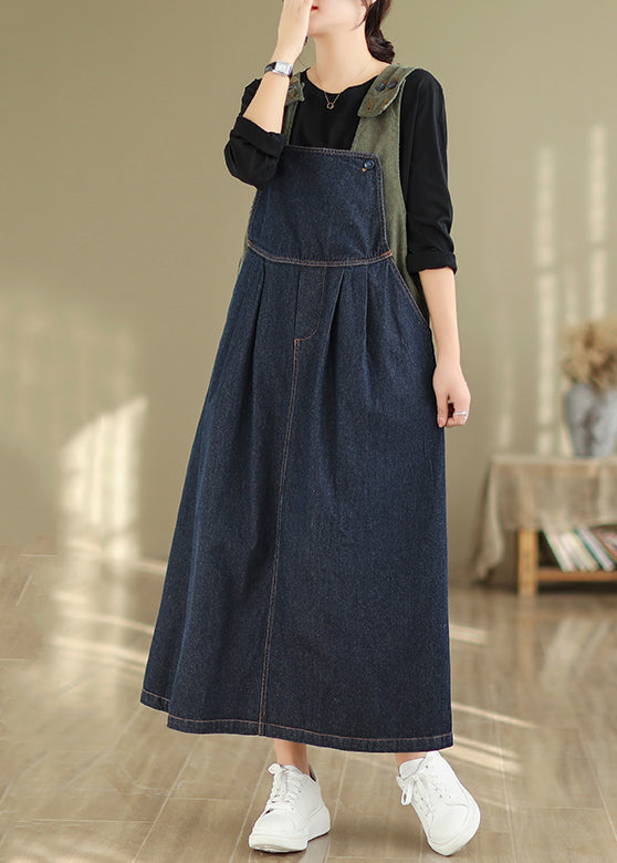 Women Navy Button Wrinkled Denim Long Dress Sleeveless