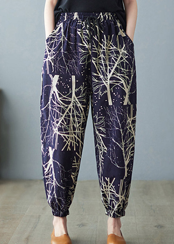 Women Navy Elastic Waist Print Harem Pants Summer