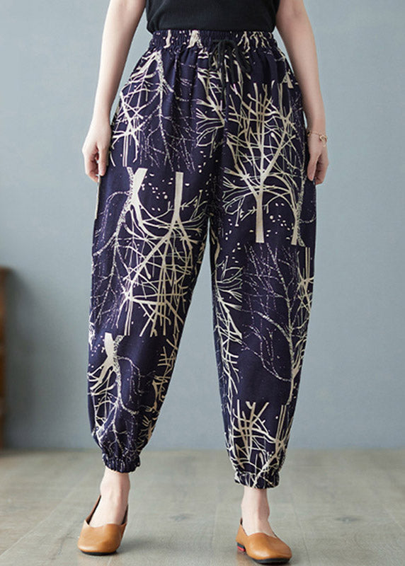 Women Navy Elastic Waist Print Harem Pants Summer