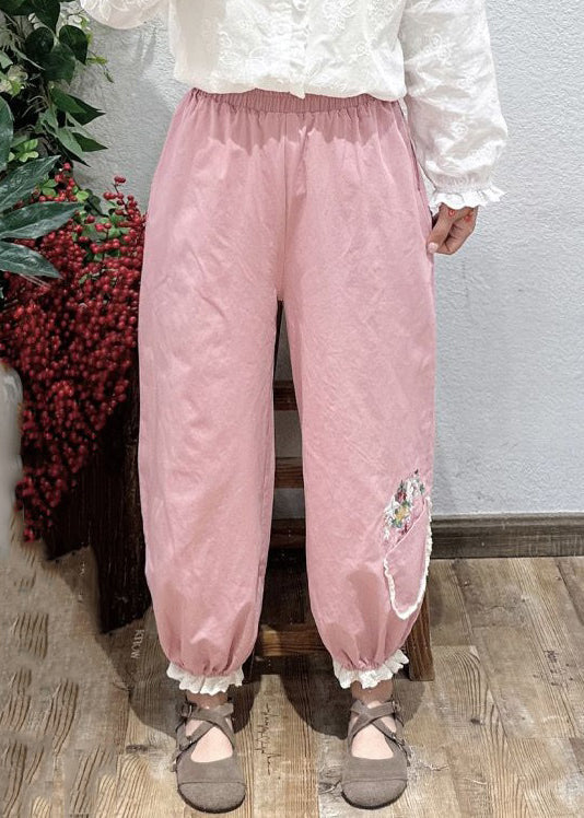 Women Navy Embroideried Pockets Elastic Waist Cotton Crop Pants Spring