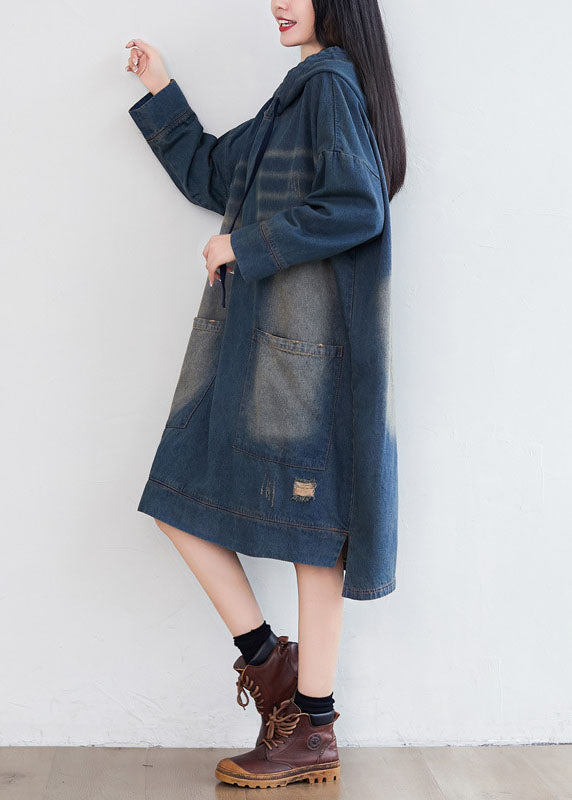 Women Navy Hooded Pockets Patchwork Denim Dresses Spring