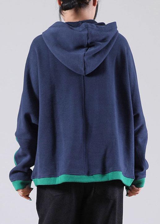 Women Navy Hooded Pockets Warm Fleece Sweatshirts Top Winter - Omychic