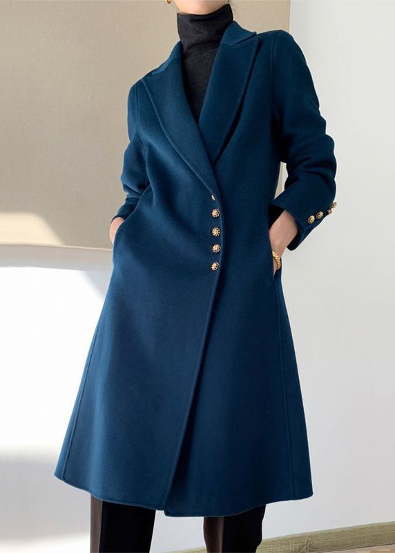 Women Navy Lapel Button Slim Fit Woolen Coats Fall