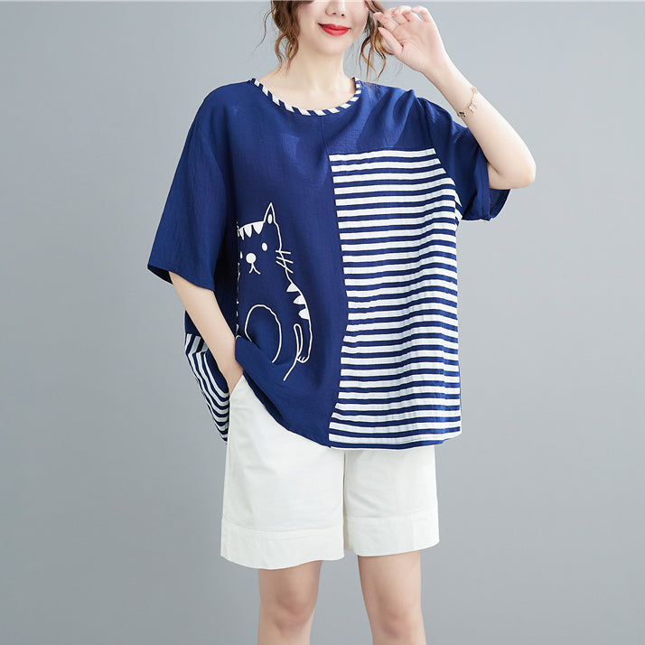 Women Navy O-Neck Print Patchwork Cotton Tank Tops Short Sleeve