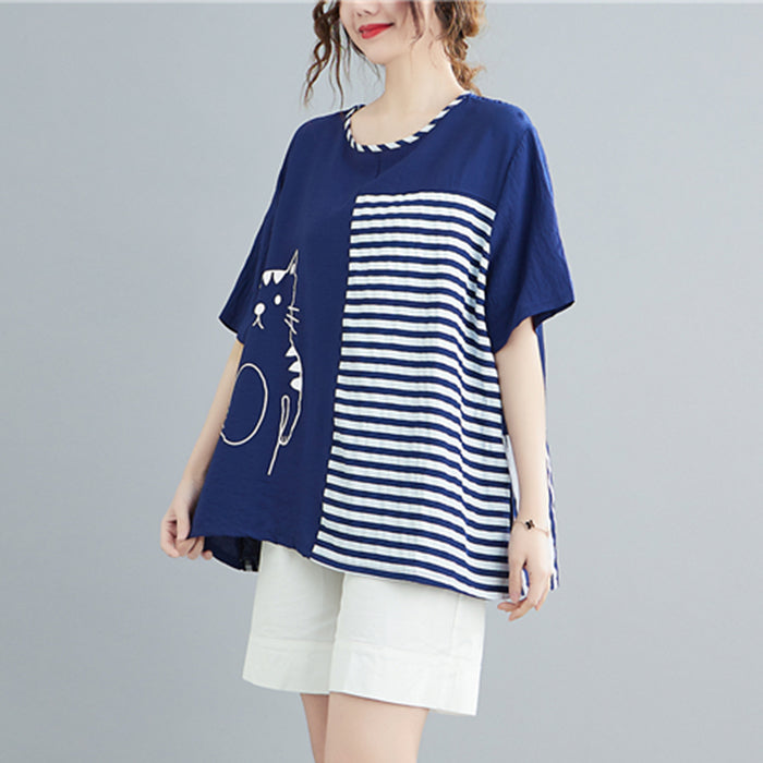 Women Navy O-Neck Print Patchwork Cotton Tank Tops Short Sleeve