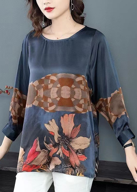 Women Navy O Neck Print Patchwork Silk Tops Fall