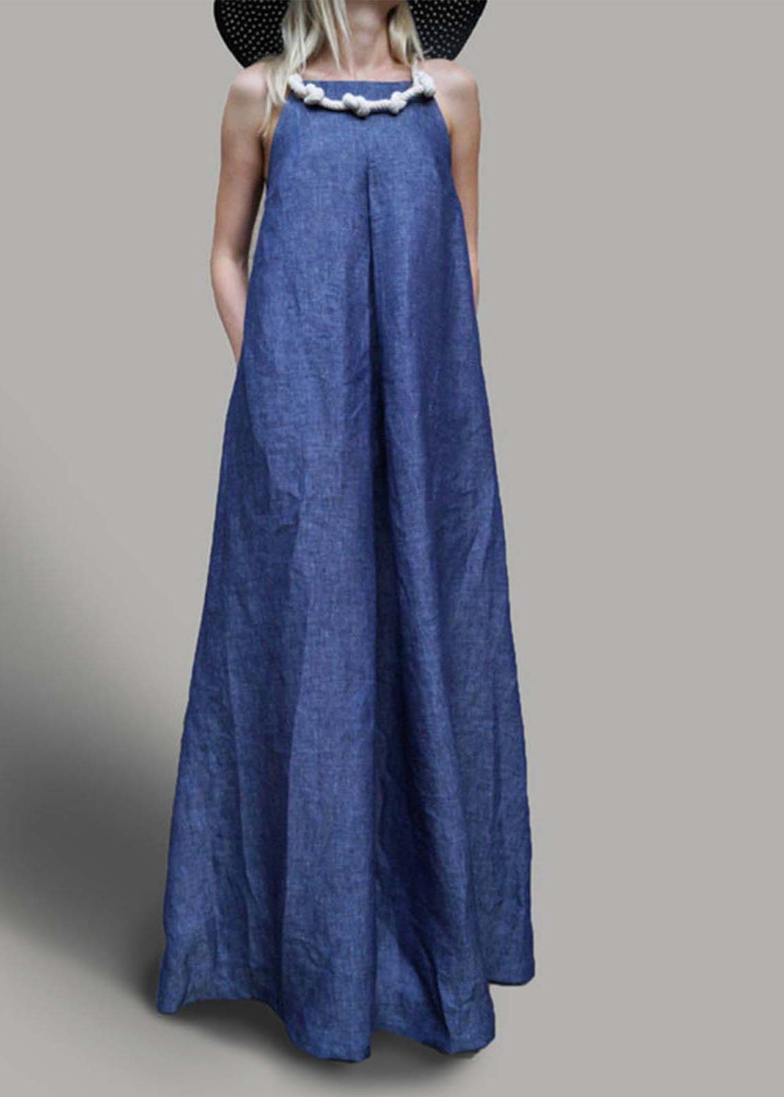 Women Navy Oversized Denim Holiday Dress Sleeveless - Omychic