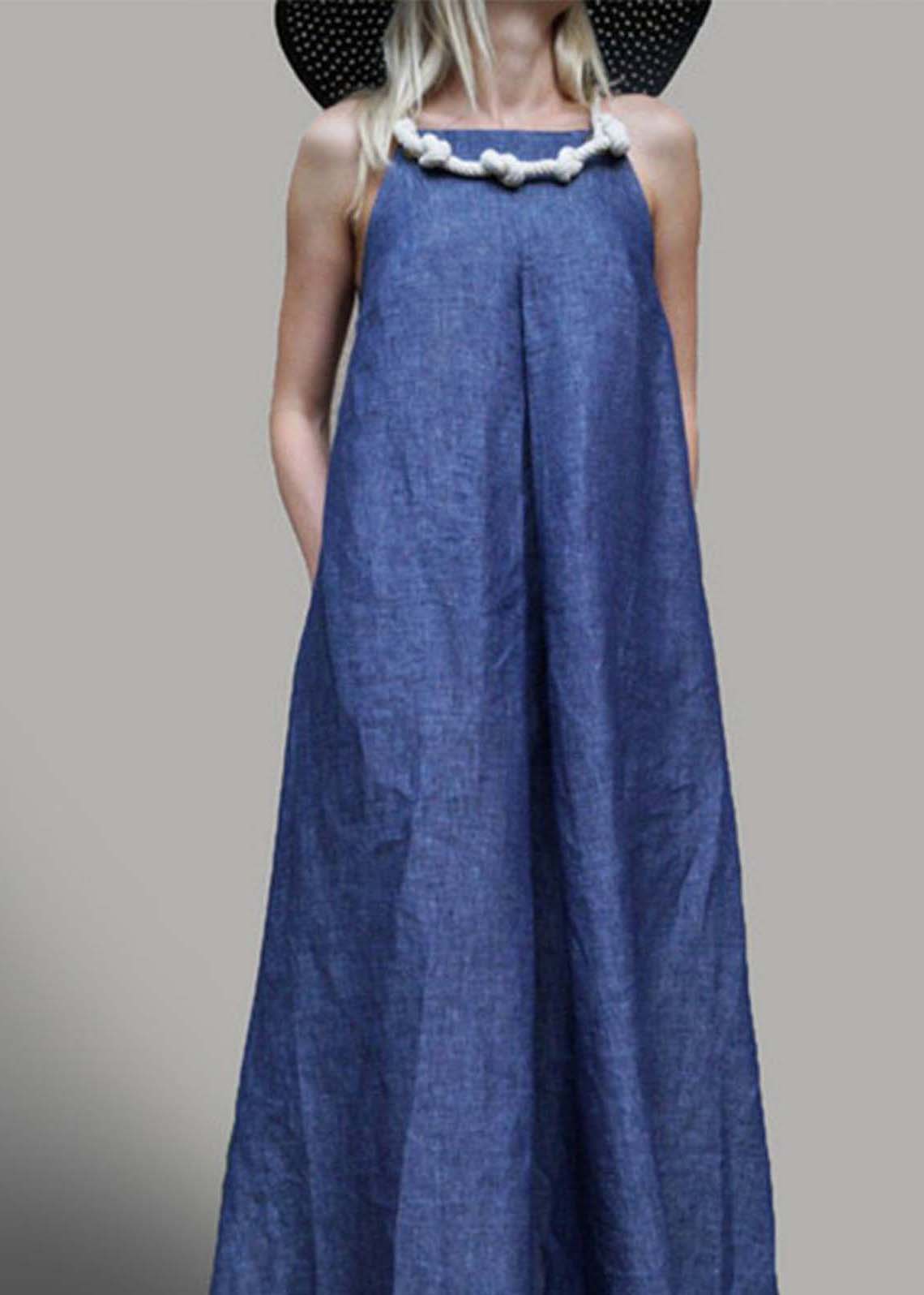 Women Navy Oversized Denim Holiday Dress Sleeveless - Omychic