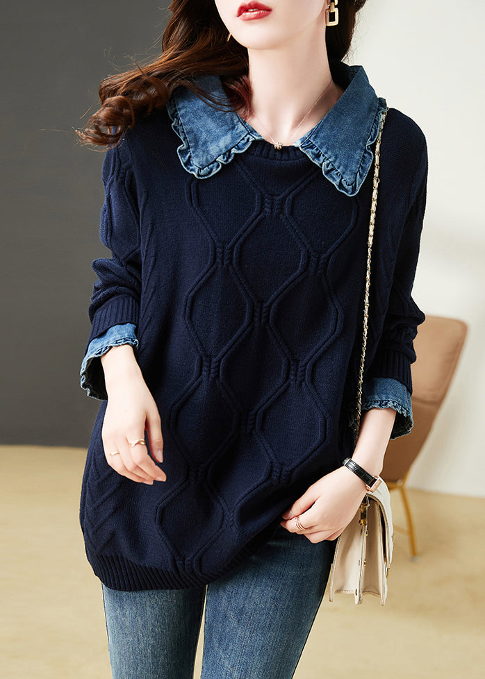 Women Navy Ruffled Patchwork False Two Pieces Cotton Knit Top Long Sleeve
