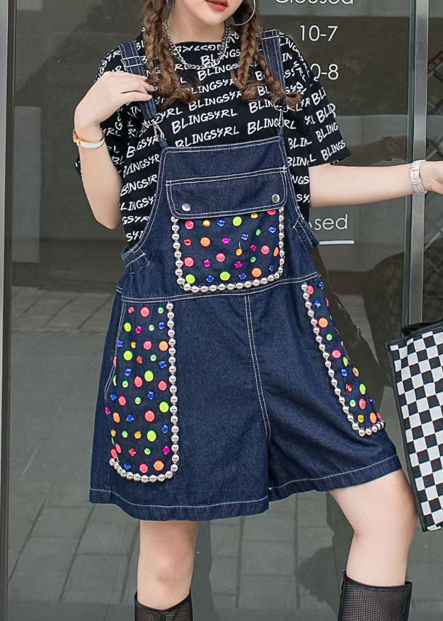 Women Navy Zircon Patchwork Denim Spaghetti Strap Jumpsuits Shorts Summer