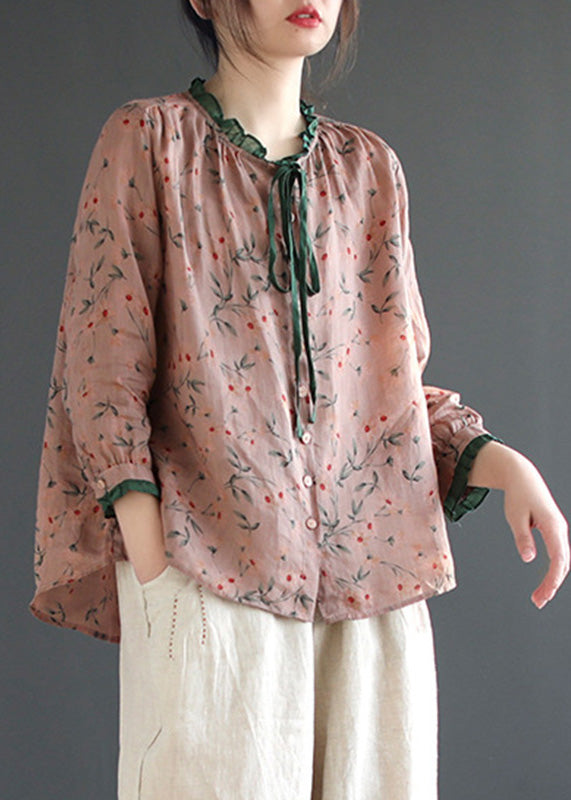 Women Neck Tie Ruffled Print Low High Design Linen Shirt Long Sleeve