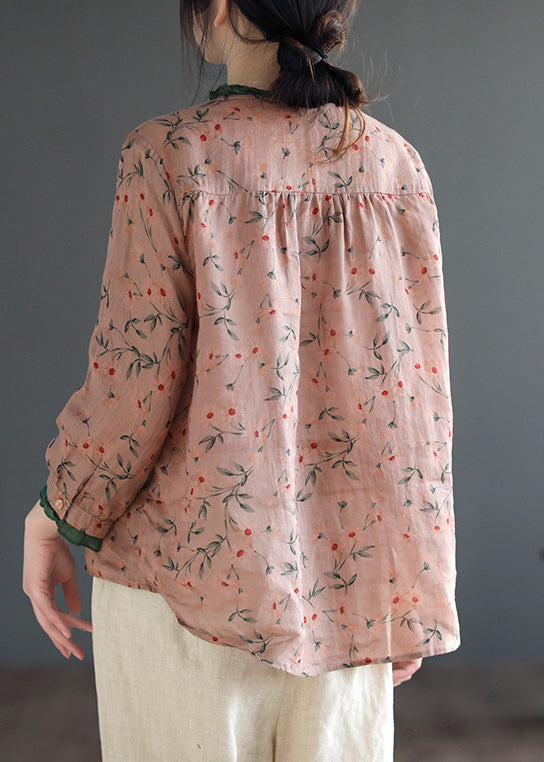 Women Neck Tie Ruffled Print Low High Design Linen Shirt Long Sleeve