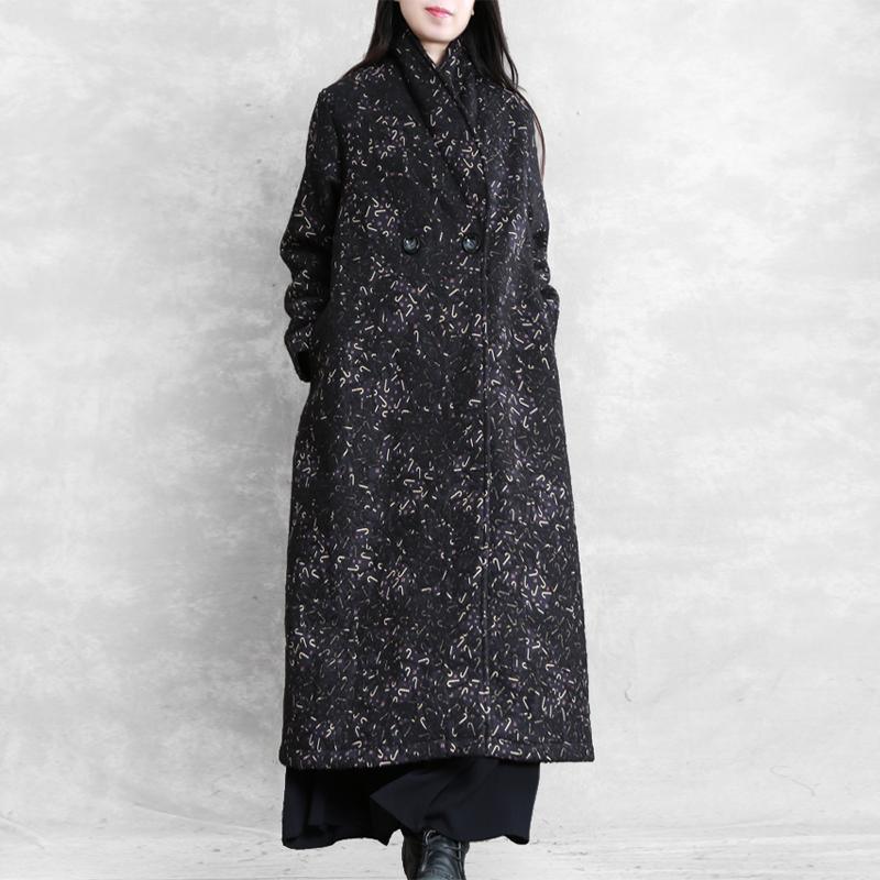 Women Notched pockets Plus Size tunic coat black print tunic coat - Omychic