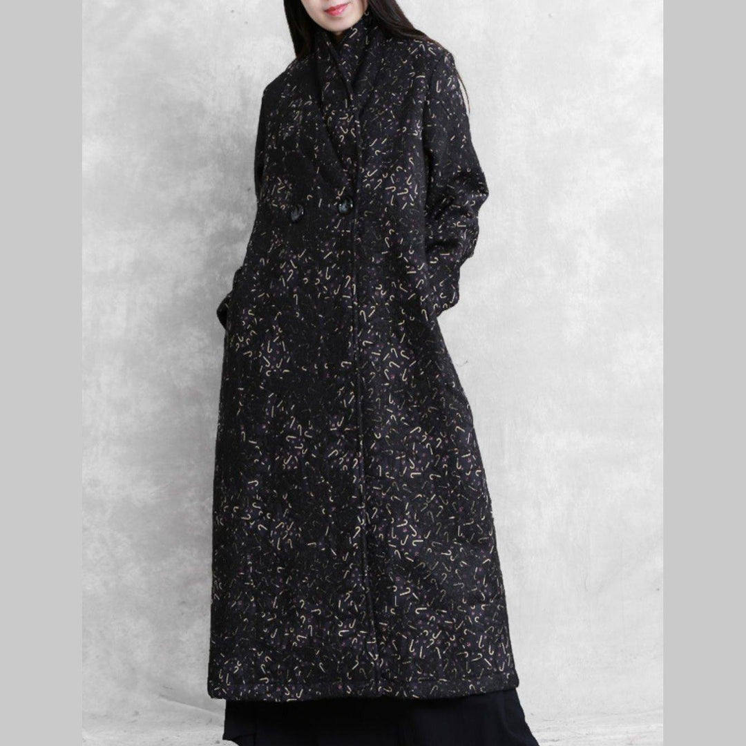 Women Notched pockets Plus Size tunic coat black print tunic coat - Omychic