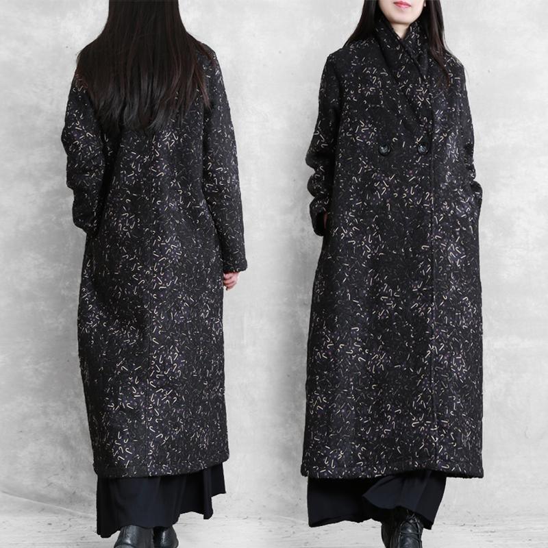 Women Notched pockets Plus Size tunic coat black print tunic coat - Omychic