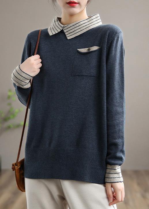 Women Nude Sweater Tops Lapel Patchwork Knit Top