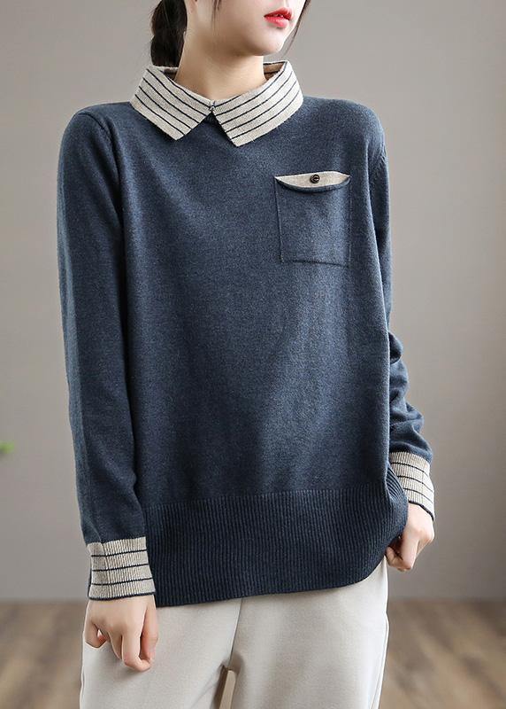 Women Nude Sweater Tops Lapel Patchwork Knit Top