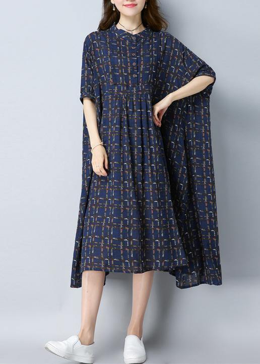 Women O-Neck Button Spring dresses Work Outfits Blue Print Dress - Omychic