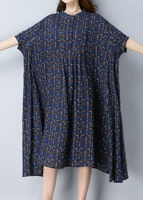 Women O-Neck Button Spring dresses Work Outfits Blue Print Dress - Omychic