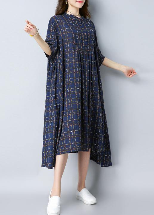 Women O-Neck Button Spring dresses Work Outfits Blue Print Dress - Omychic