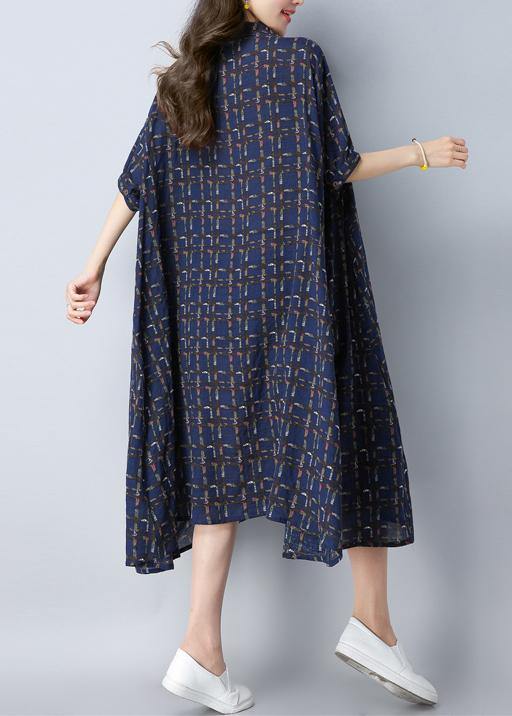 Women O-Neck Button Spring dresses Work Outfits Blue Print Dress - Omychic