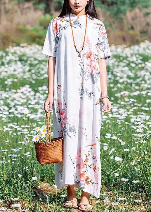 Women O Neck Chinese Button Summer Dresses White Print Robe Dress - Omychic