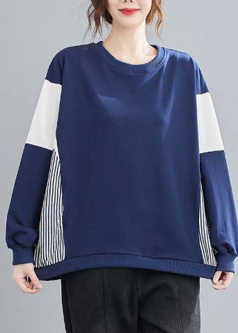 Women O Neck Patchwork Striped Spring Top Silhouette Sewing Blue Blouses - Omychic