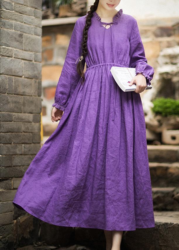 Women O Neck Ruffles Spring Dress Neckline Purple Maxi Dresses - Omychic