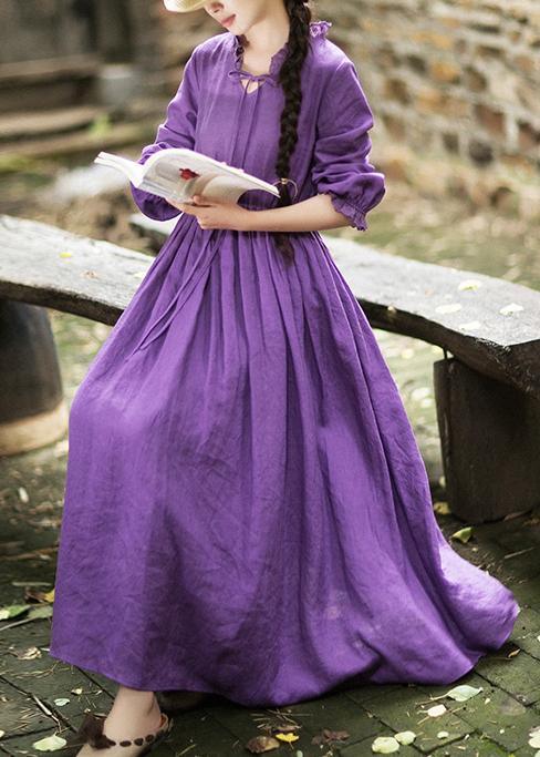 Women O Neck Ruffles Spring Dress Neckline Purple Maxi Dresses - Omychic