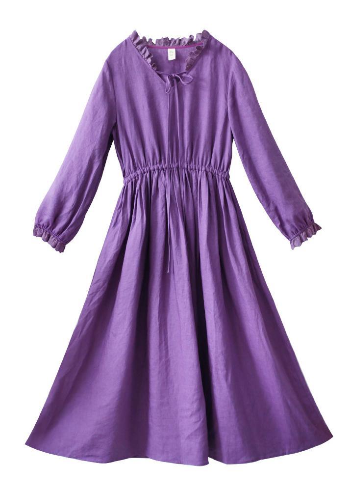 Women O Neck Ruffles Spring Dress Neckline Purple Maxi Dresses - Omychic