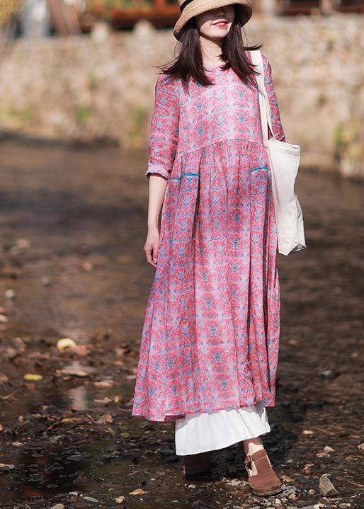 Women O-Neck Wrinkled Summer Tutorials Pink Print Dress - Omychic