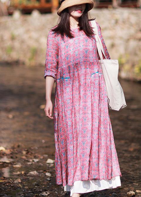 Women O-Neck Wrinkled Summer Tutorials Pink Print Dress - Omychic