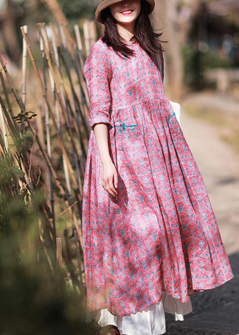 Women O-Neck Wrinkled Summer Tutorials Pink Print Dress - Omychic