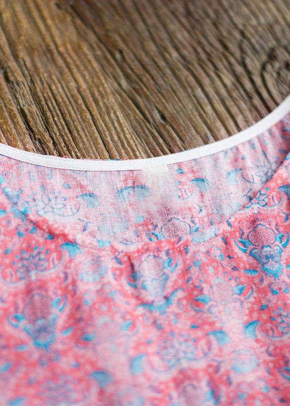 Women O-Neck Wrinkled Summer Tutorials Pink Print Dress - Omychic