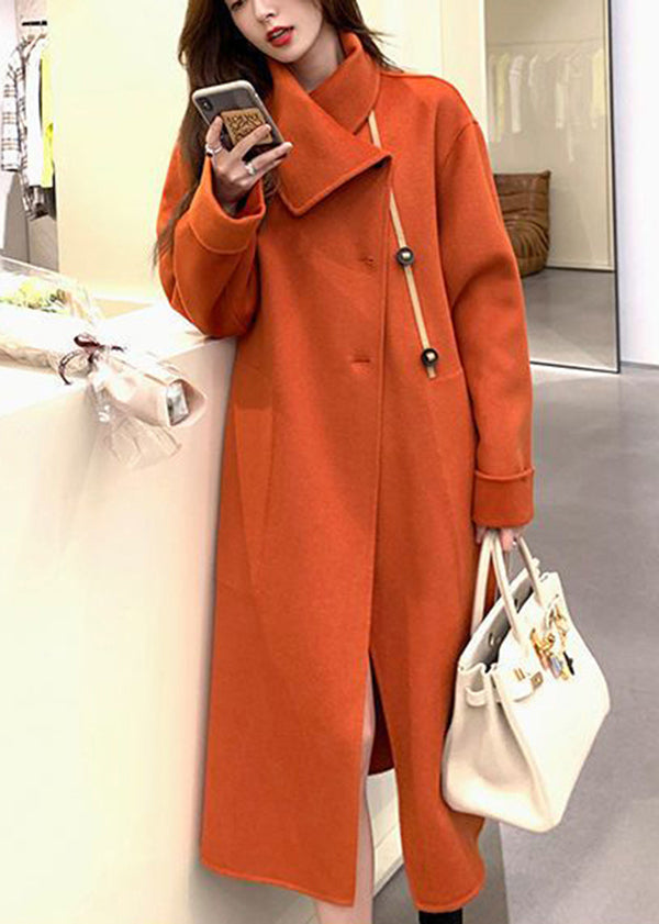 Women Orange Asymmetrical Tie Waist Woolen Trench Fall