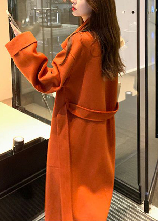 Women Orange Asymmetrical Tie Waist Woolen Trench Fall