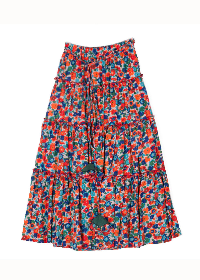 Women Orange Cinched Print Patchwork Exra Large Hem Cotton Skirts Summer