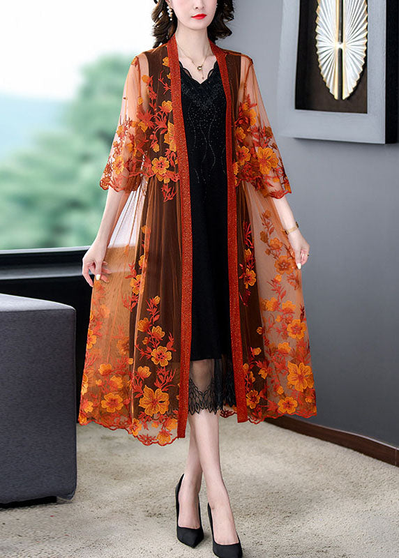 Women Orange Embroideried Patchwork Tulle Long Dresses Summer