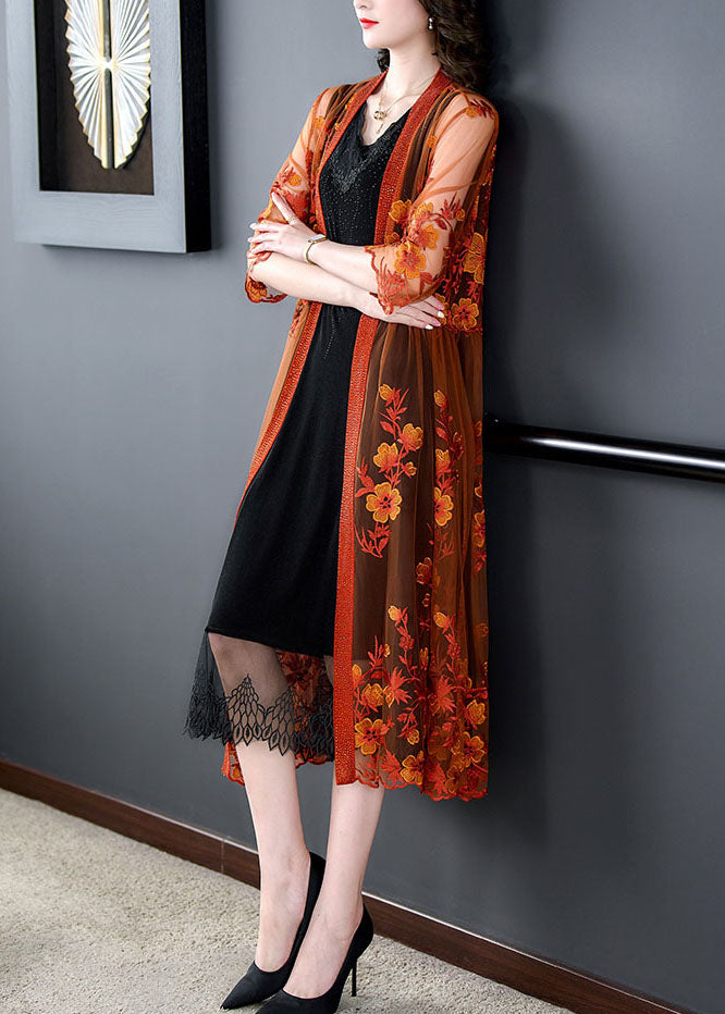 Women Orange Embroideried Patchwork Tulle Long Dresses Summer