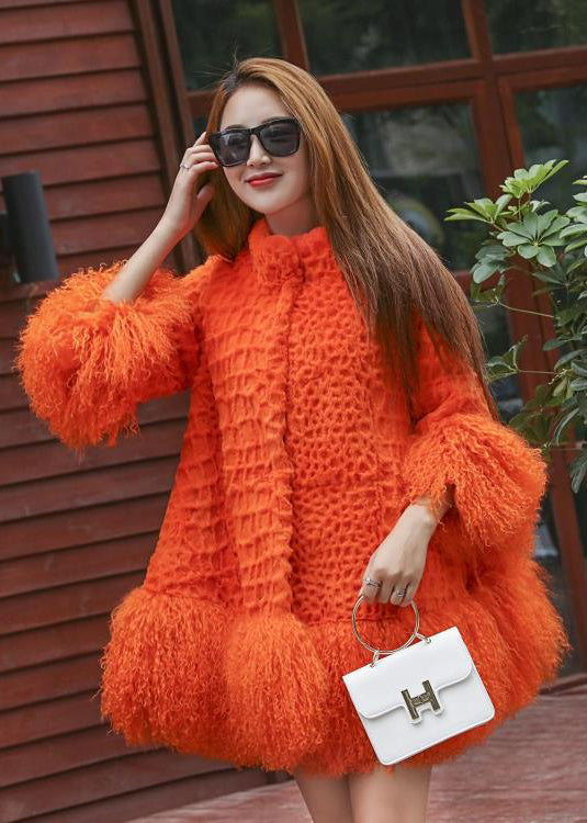 Women Orange Fluffy Patchwork Wool Coat Winter
