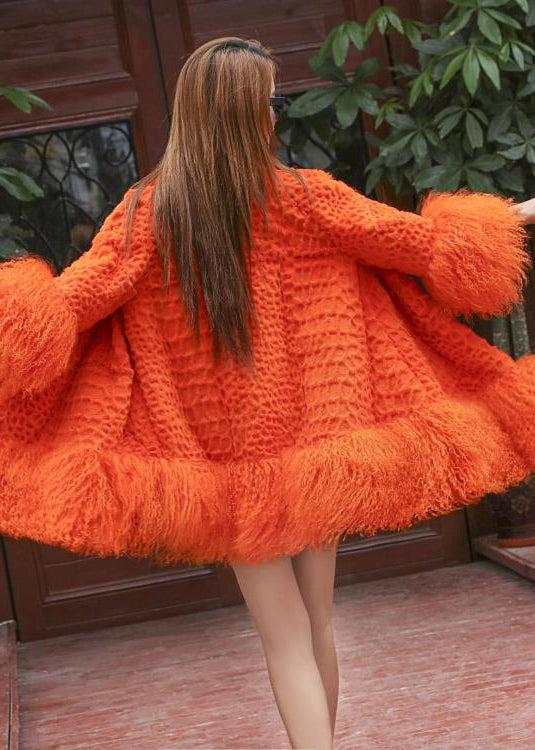 Women Orange Fluffy Patchwork Wool Coat Winter