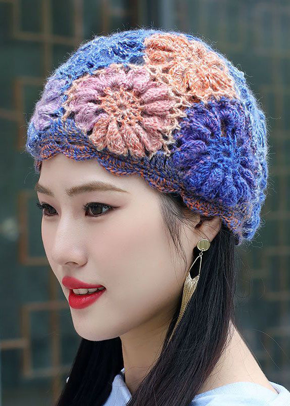 Women Orange Hollow Out Multicolor Flower Knit Bonnie Hat