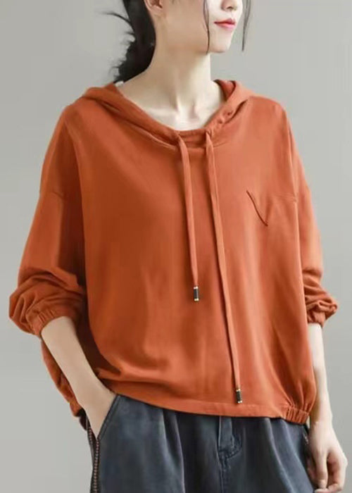 Women Orange Hooded Lace Up Cotton Sweatshirts Long Sleeve