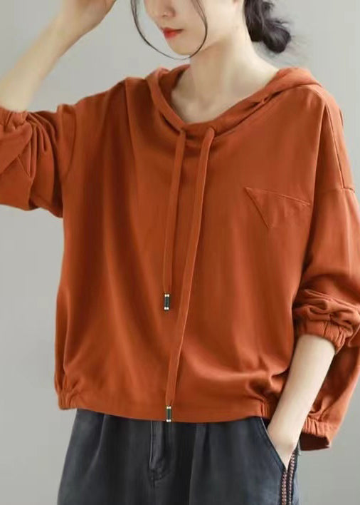 Women Orange Hooded Lace Up Cotton Sweatshirts Long Sleeve
