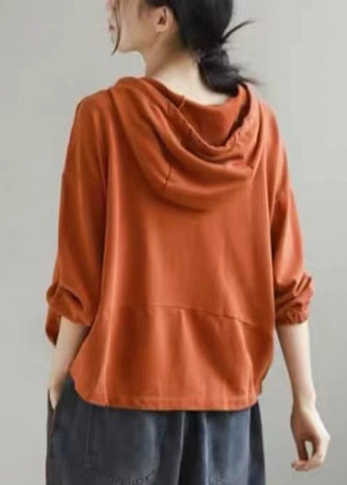 Women Orange Hooded Lace Up Cotton Sweatshirts Long Sleeve